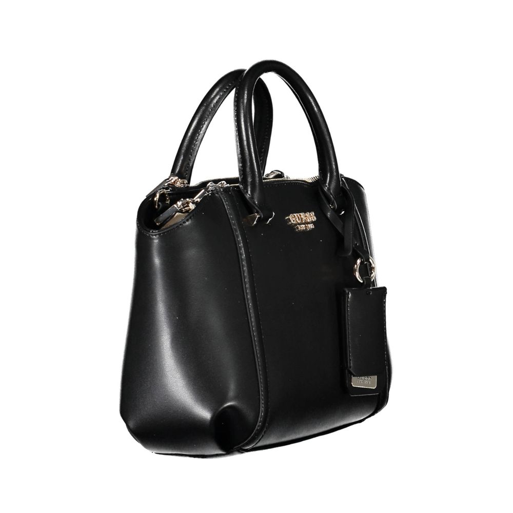 Guess Jeans Black Polyethylene Handbag with two handles, adjustable strap, three compartments, and logo. Stylish contrasting details.