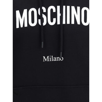 Moschino Black Cotton Sweatshirt with monogram print, adjustable drawstring hood and pouch pocket, AW25 collection.