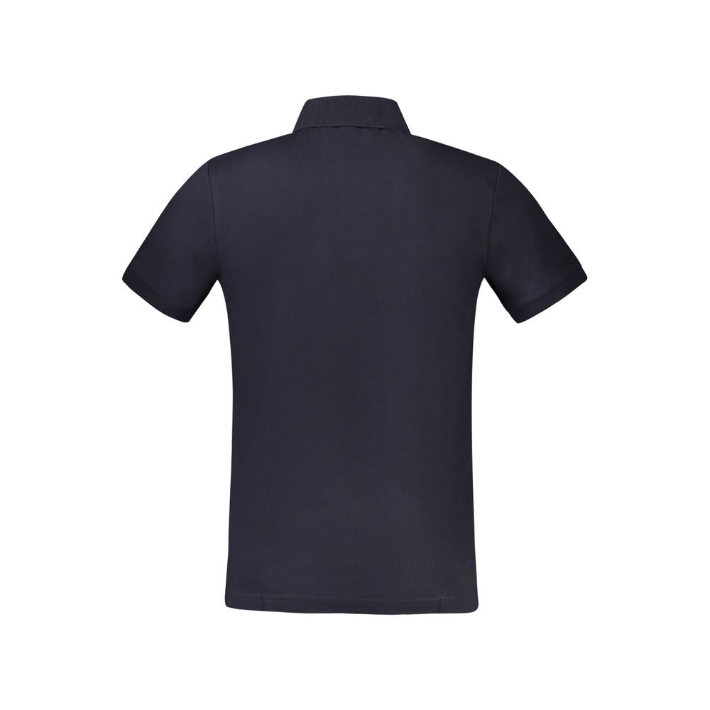 Hugo Boss Blue Cotton Polo Shirt, short sleeve, slim fit, back view showcasing 2 buttons, application, embroidery, and logo.
