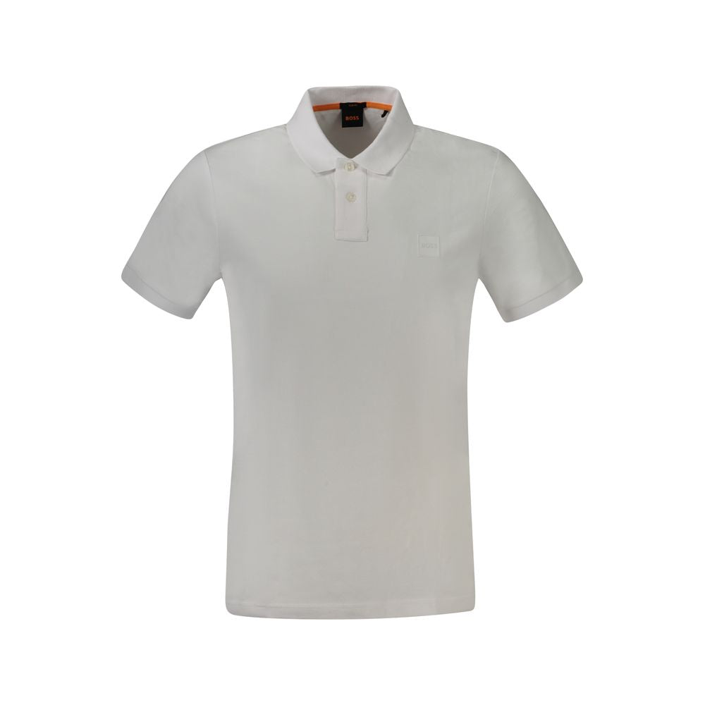 Hugo Boss White Cotton Polo Shirt, short sleeve, slim fit with 2 buttons, featuring embroidery and logo application.