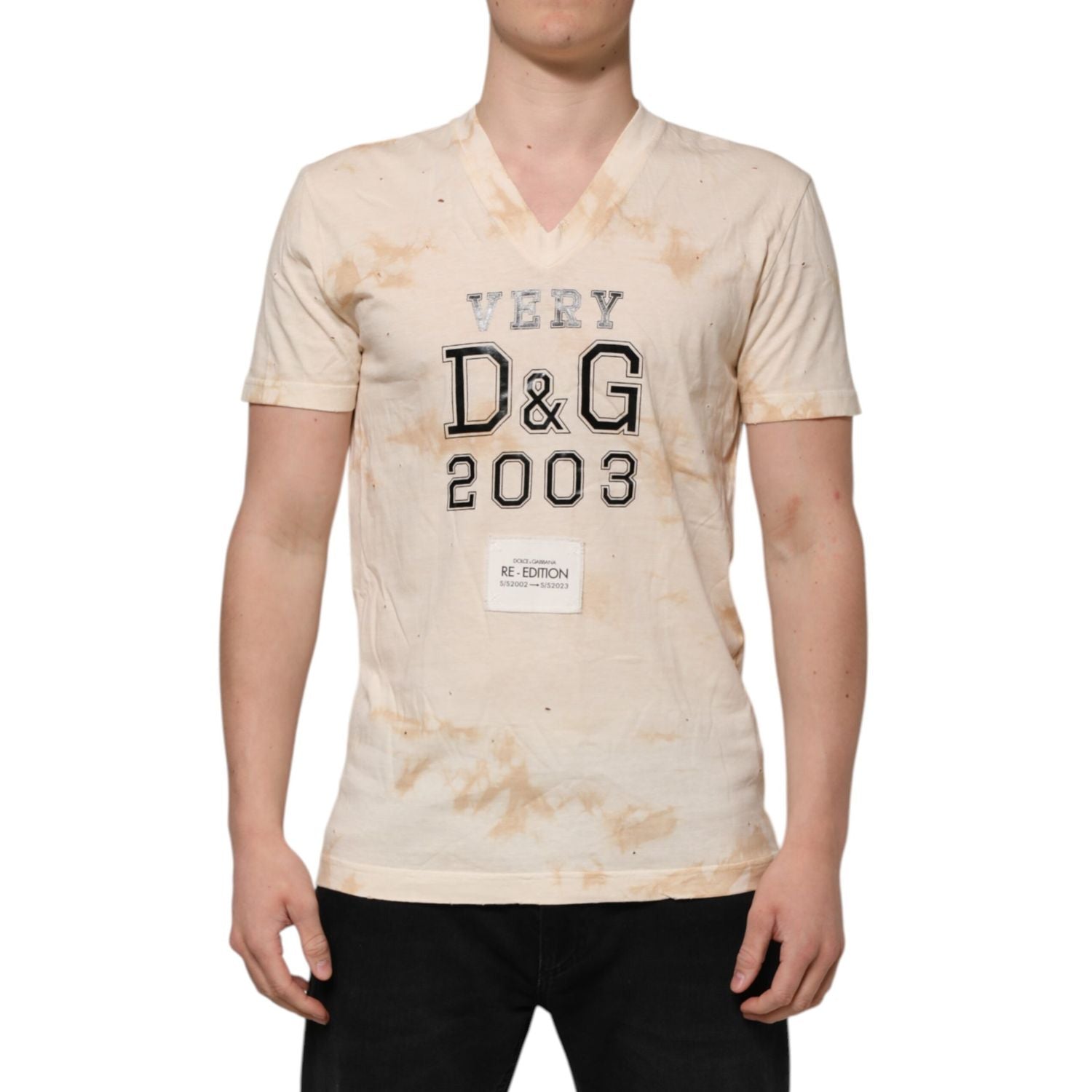 Dolce & Gabbana Beige Logo Print Short Sleeve V-neck T-shirt