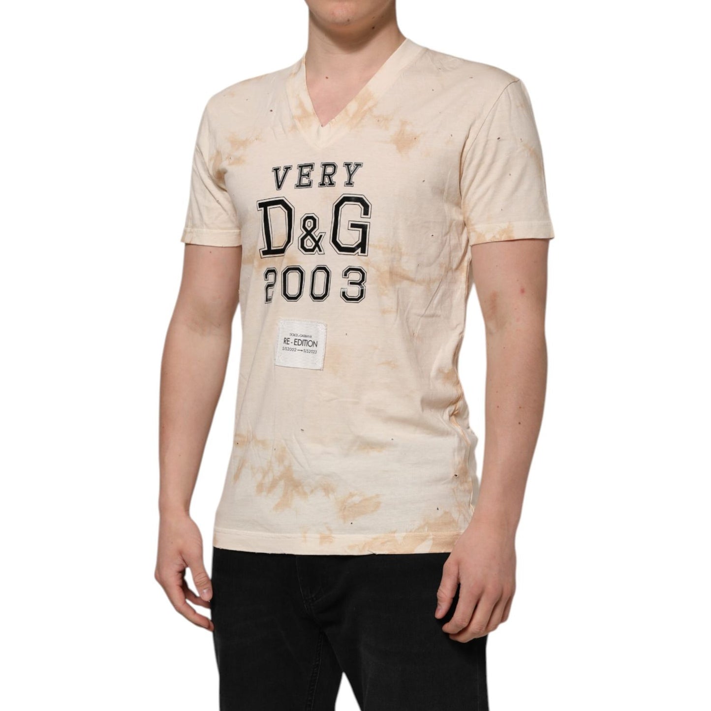 Dolce & Gabbana Beige Logo Print Short Sleeve V-neck T-shirt