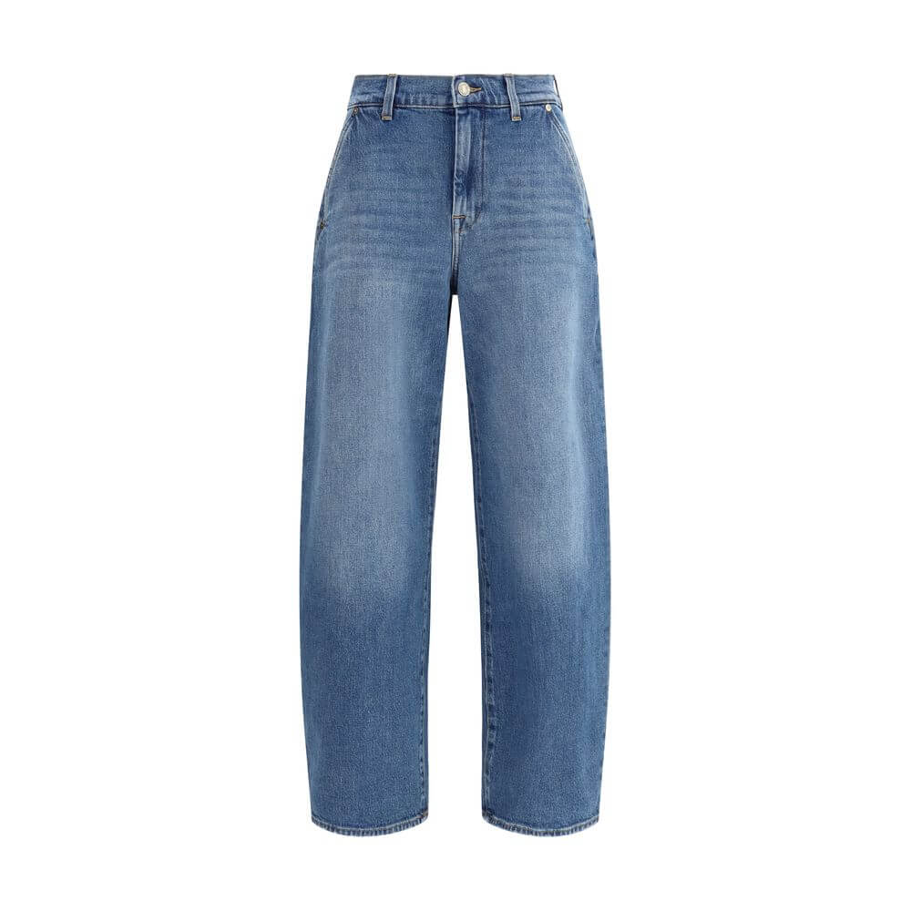 7FOR Light Blue Cotton Relaxed Fit Jeans featuring mid-rise, wide leg, and classic five-pocket design for a sophisticated look.