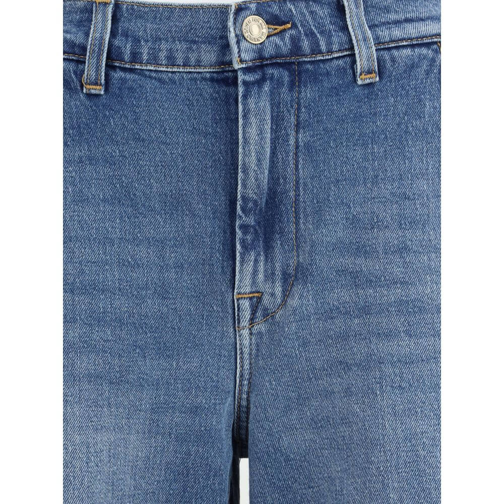 7FOR Light Blue Cotton Relaxed Fit Jeans with mid-rise, wide leg, five-pocket design for versatile style, close-up view.
