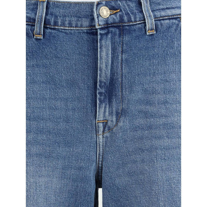 7FOR Light Blue Cotton Relaxed Fit Jeans with mid-rise, wide leg, five-pocket design for versatile style, close-up view.