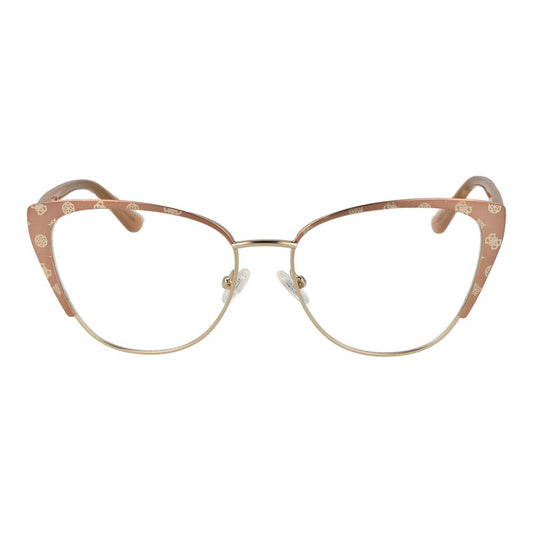 Guess Beige Women Glasses Frame in metal full-rim cat eye style, featuring beige color with a size of 55-16-145. Includes branded case.
