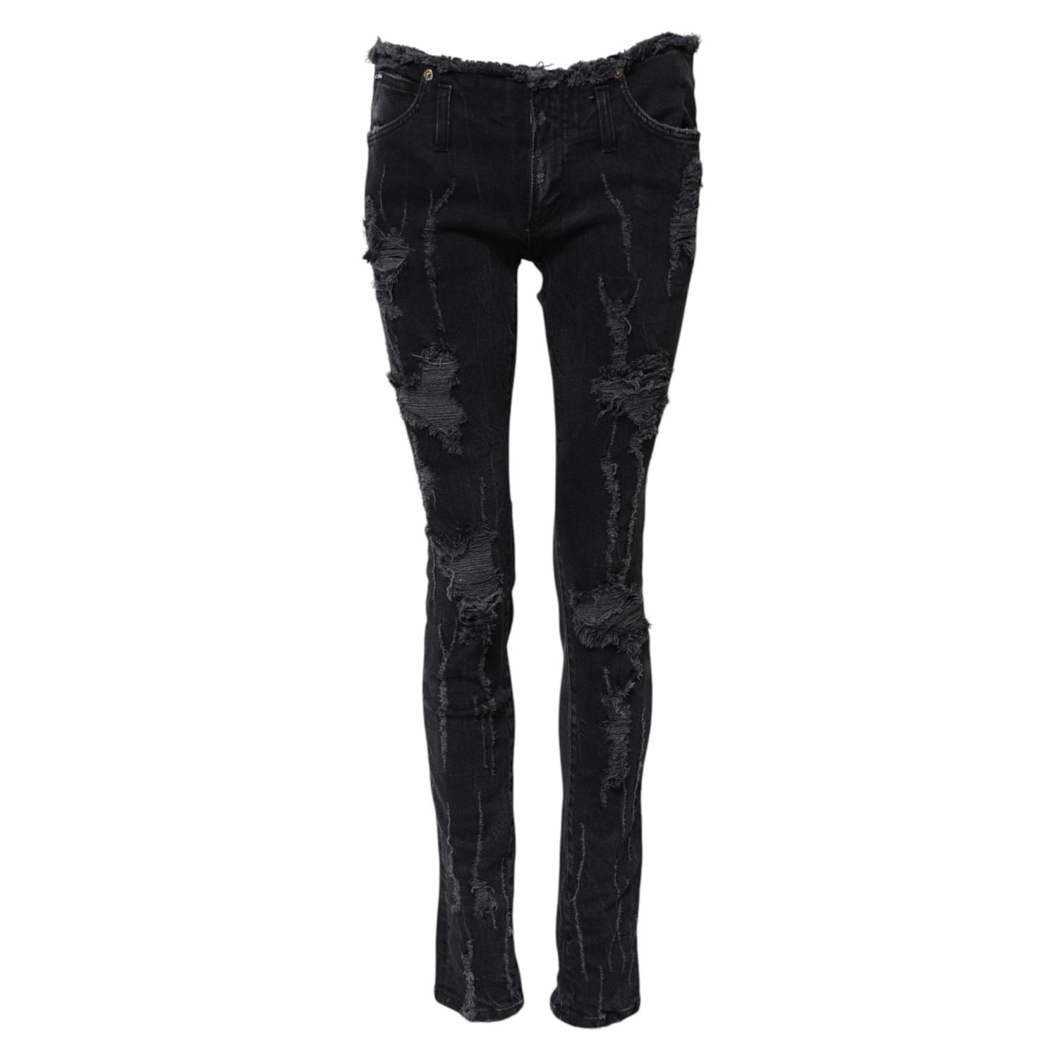 Dolce & Gabbana Black Cotton Tattered Skinny Denim Jeans