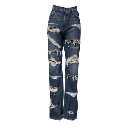 Dolce & Gabbana Blue Tattered Cotton Straight Denim Jeans