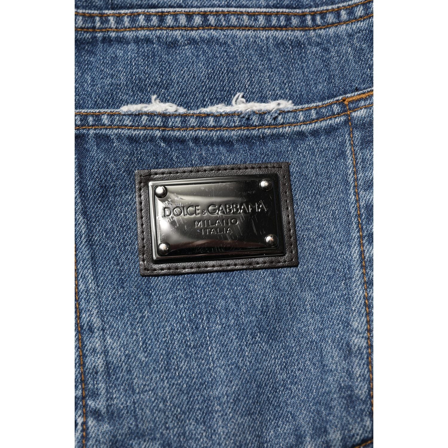 Dolce & Gabbana Blue Tattered Cotton Straight Denim Jeans