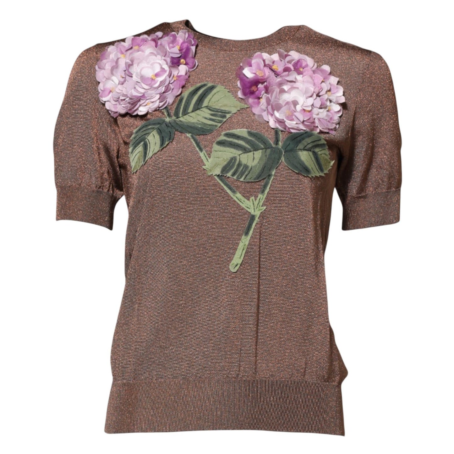 Dolce & Gabbana Brown Lily Embellished Round Neck Blouse Top