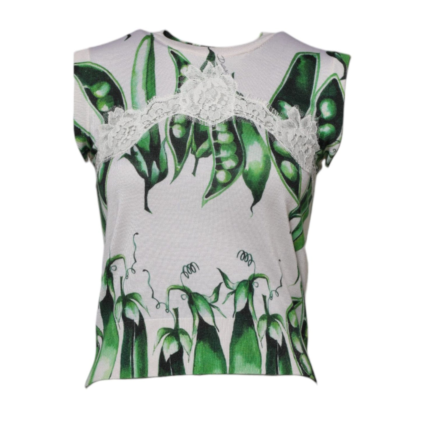 Dolce & Gabbana White Green Pea Print Sleeveless Blouse Top
