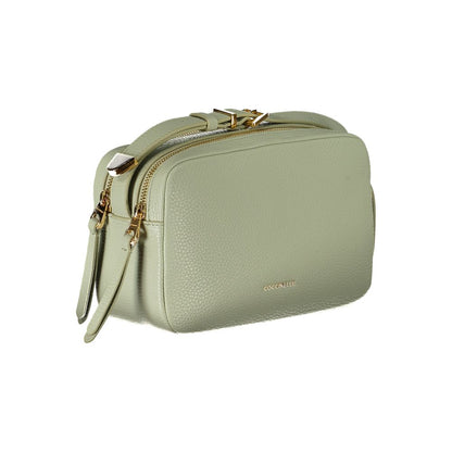 Coccinelle Green Leather Handbag with adjustable shoulder strap, dual compartments, zip closure, and logo.