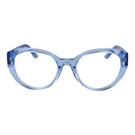 Guess Blue Women Glasses Frame in acetate with full-rim round style, showcasing demo lenses and spring hinge for comfort.