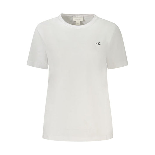 Calvin Klein White Cotton Women T-Shirt with embroidered logo, showcasing sleek crew neck design, perfect for casual or layered outfits.