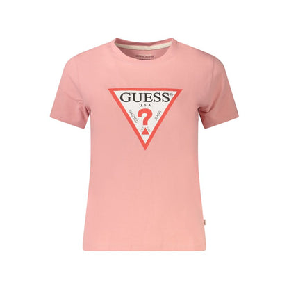 Guess Jeans Pink Cotton Women T-Shirt with logo print, organic cotton blend, crew-neck style, short sleeves, eco-friendly materials.