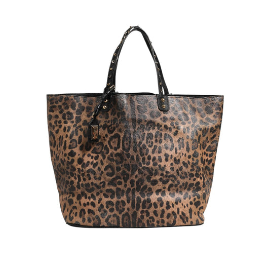 Dolce & Gabbana Brown Leopard BEATRICE Leather Logo Plaque Tote Bag with gold-tone handle details