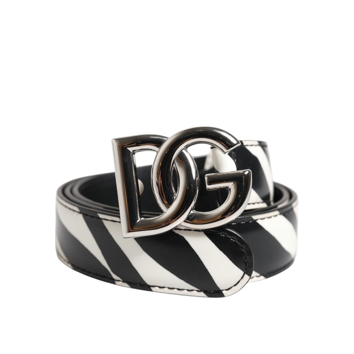 Dolce & Gabbana Black White Leather Silver Metal Buckle Belt