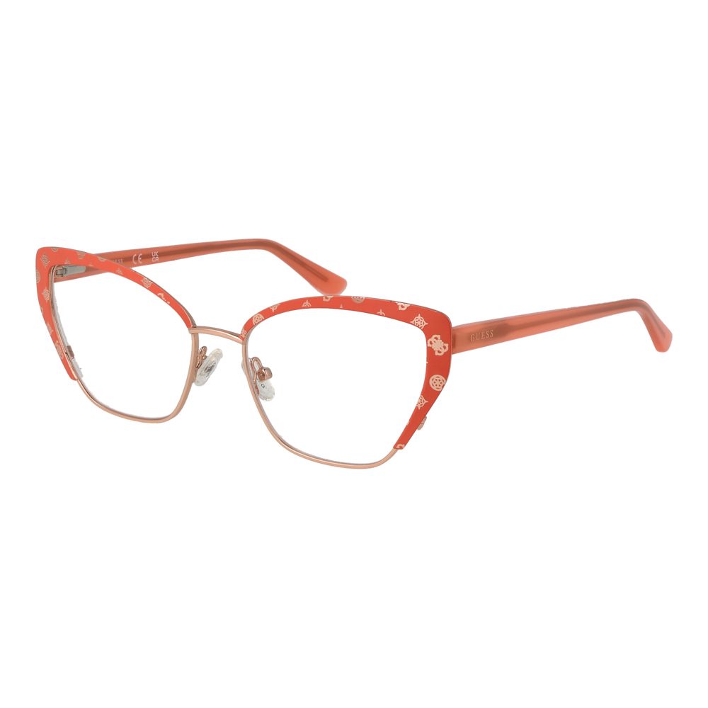 Guess Orange Women Glasses Frame, metal full-rim cat eye style, orange frame, demo plastic lenses, size 54-16-145, branded case included.