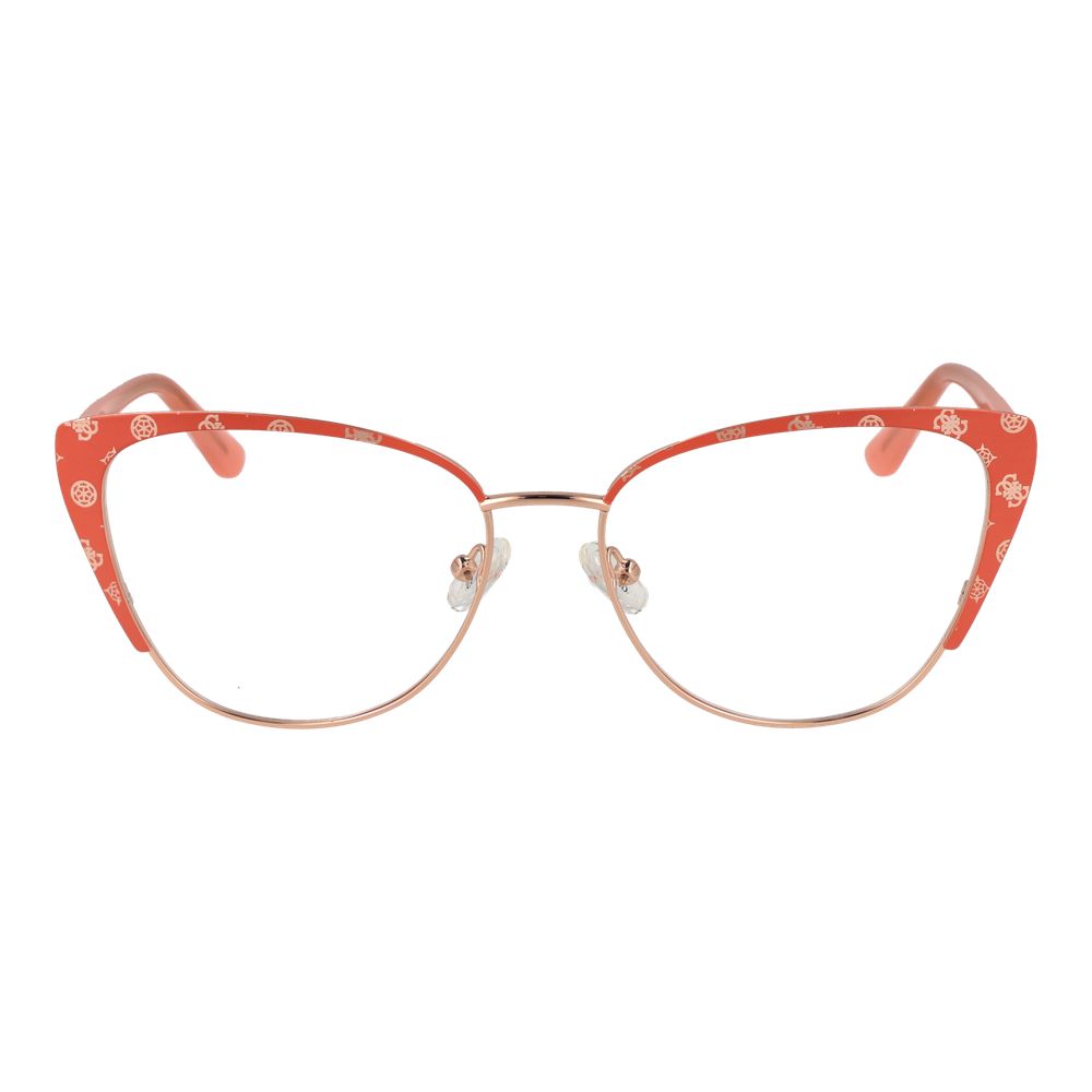 Guess Orange Women Glasses Frame, cat eye style, orange metal full-rim, demo plastic lenses, 55-16-145 size with branded case included.