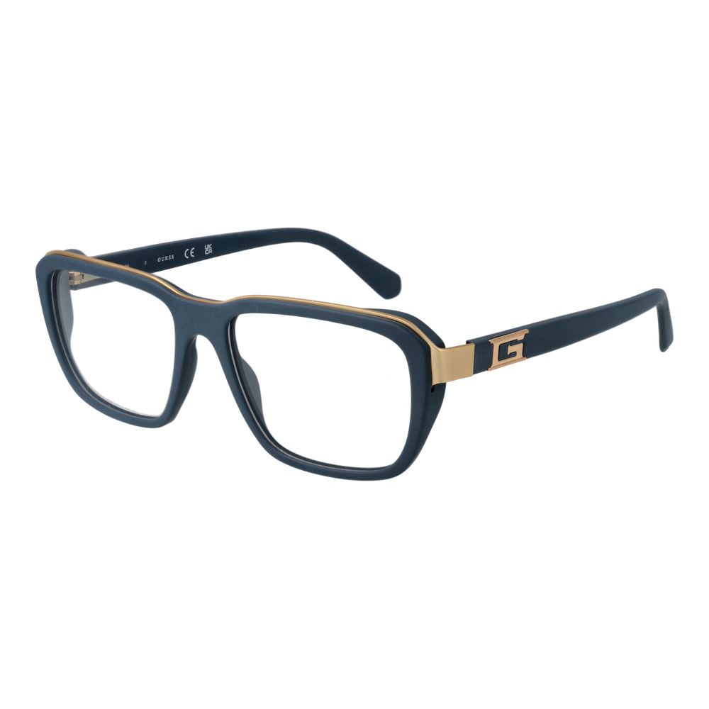 Guess Blue Men Glasses Frame in acetate full-rim design with blue color, includes branded case, style rectangle, size 55-16-145.