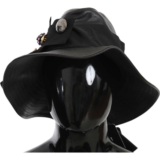 Dolce & Gabbana Black Leather DG Coin Crystal Wide Brim Hat Hat