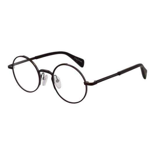 Yohji Yamamoto Bronze Men Glasses Frame, round metal full-rim style with demo lenses, size 47-22-145, includes branded soft case.