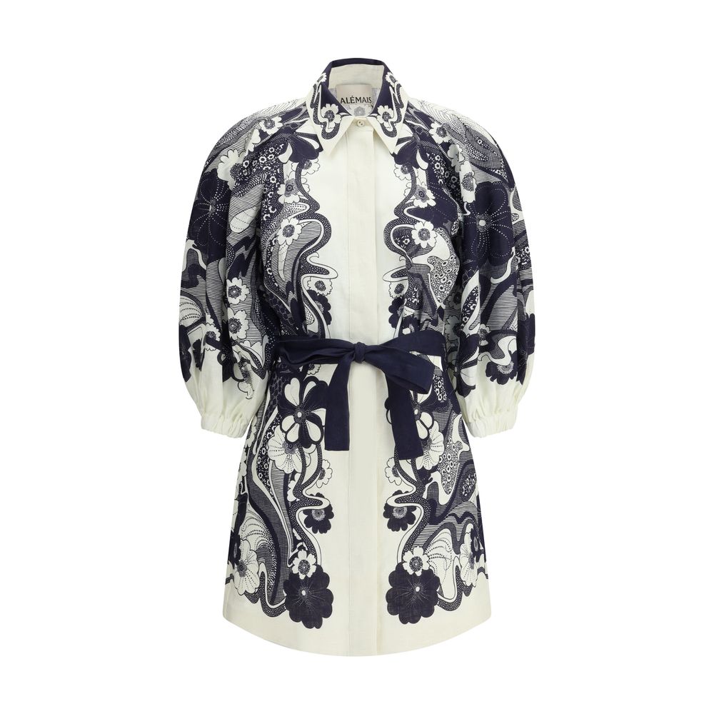 Alemais Multicolor Linen Casual Dress with puff sleeves and sash belt, featuring a graphic print and classic collar.