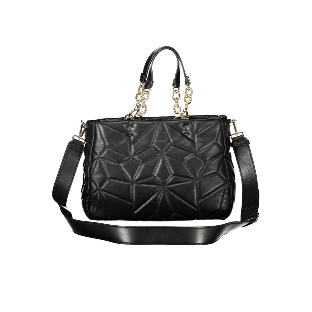 Mario Valentino Black Polyethylene Women Handbag with chain handles and adjustable strap, featuring bold details and Valentino logo.