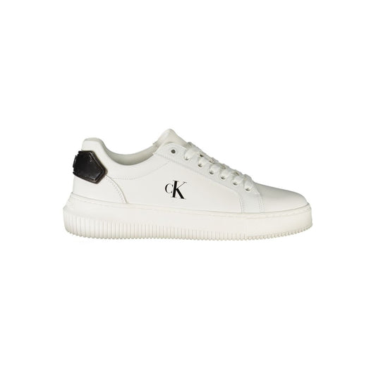Calvin Klein White Leather Women Sneaker with black accents, featuring a sleek design and removable footbed for urban sophistication.