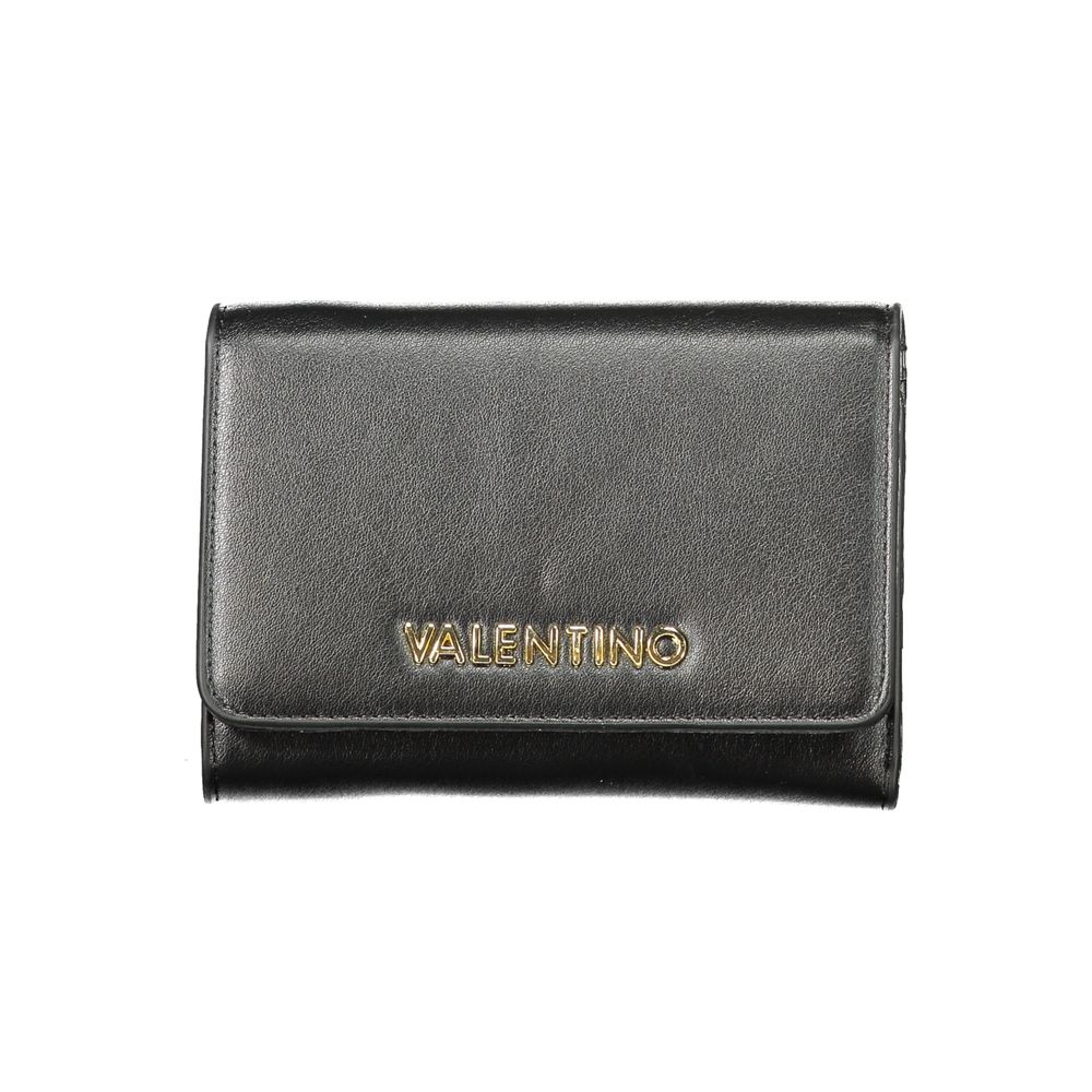 Mario Valentino Black Polyethylene Women Wallet with logo and structured design, featuring tri-compartment and secure closures.