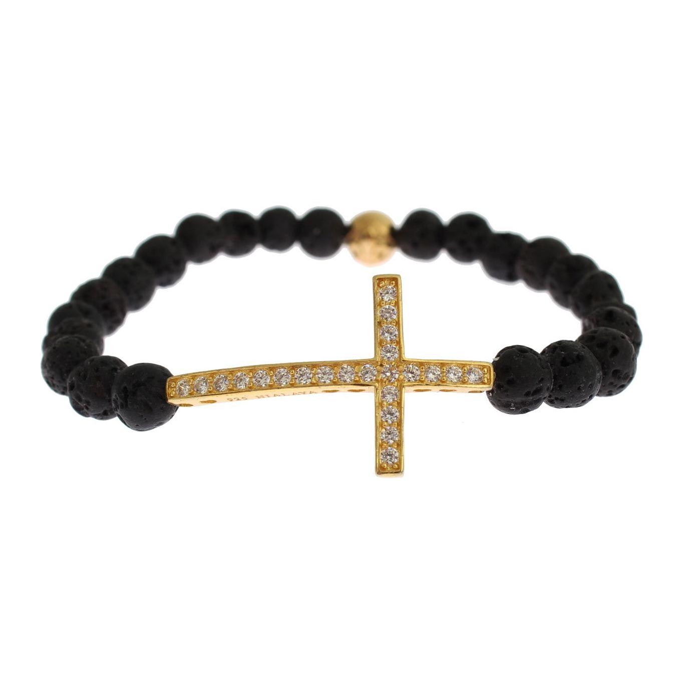 Nialaya Lava Stone Gold Clear CZ Cross 925 Silver Bracelet