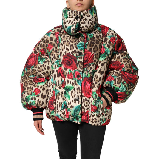 Dolce & Gabbana Multicolor Leopard Rose Puffer Quilted Jacket