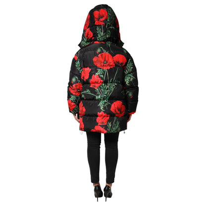Dolce & Gabbana Black Floral Polyester Hooded Quilted Jacket