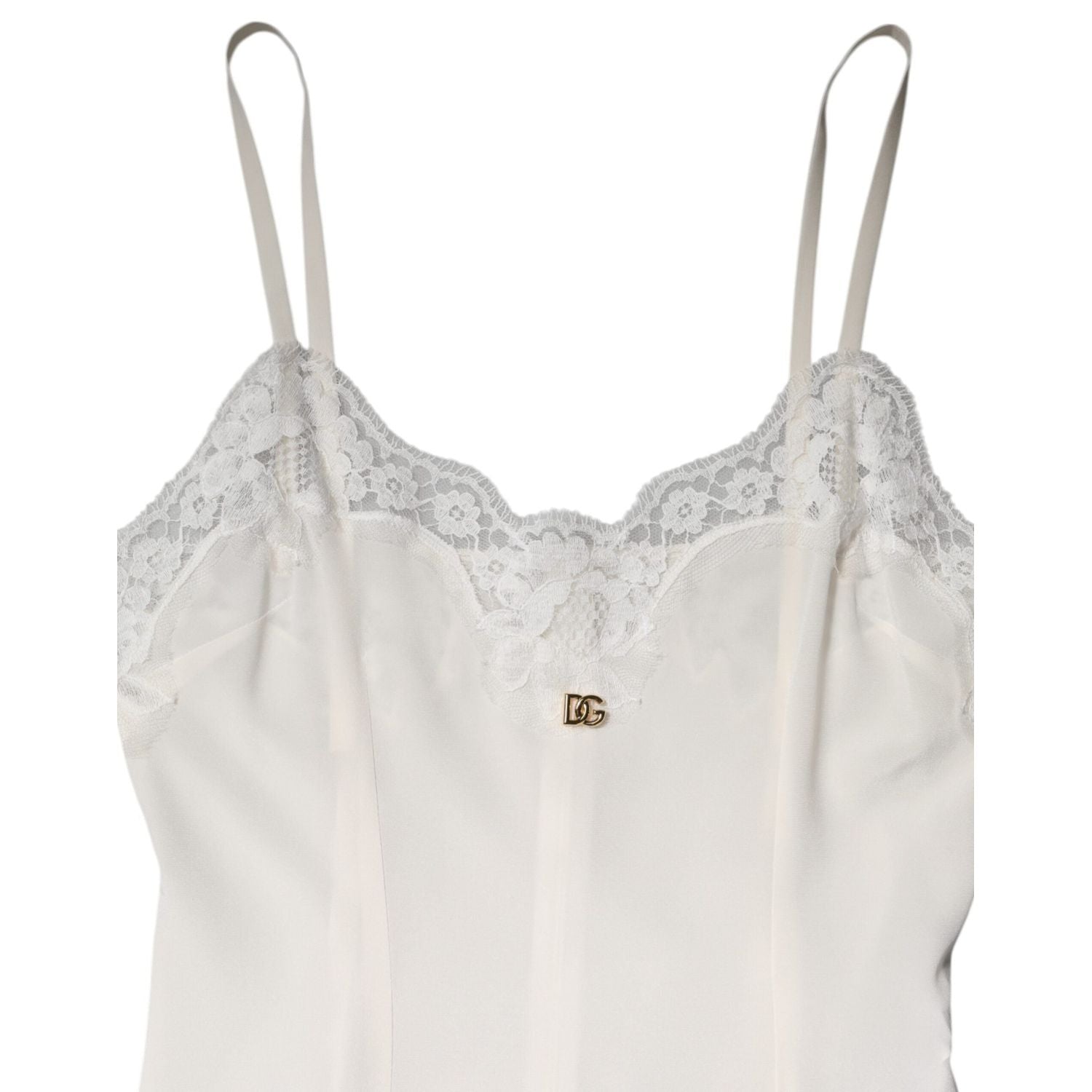 Dolce & Gabbana White Lace Gold DG Logo Silk Dress Sleepwear