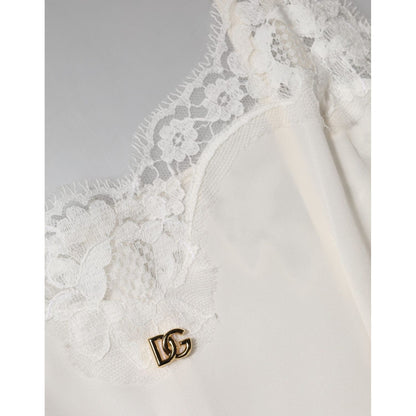 Dolce & Gabbana White Lace Gold DG Logo Silk Dress Sleepwear
