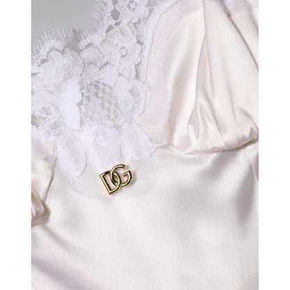 Dolce & Gabbana White Lace Gold DG Logo Silk Dress Sleepwear