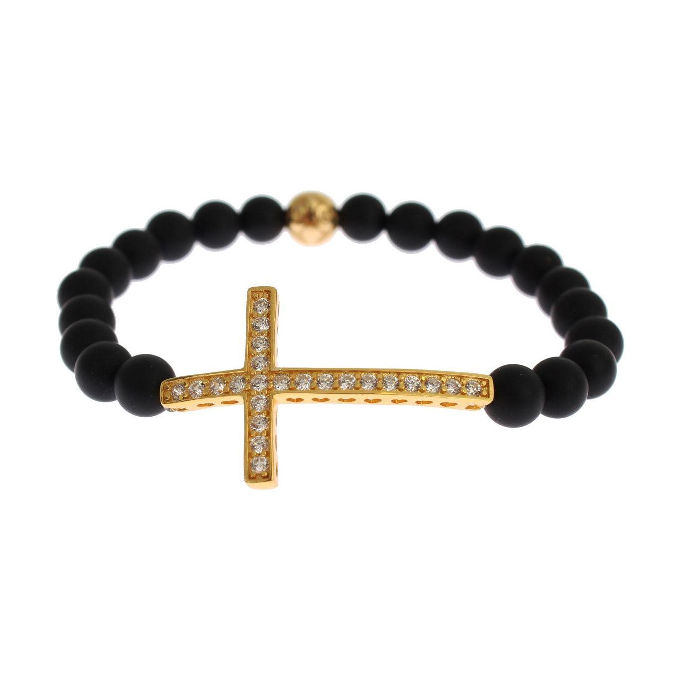 Nialaya Matte Onyx Stone Gold CZ Cross 925 Silver Bracelet