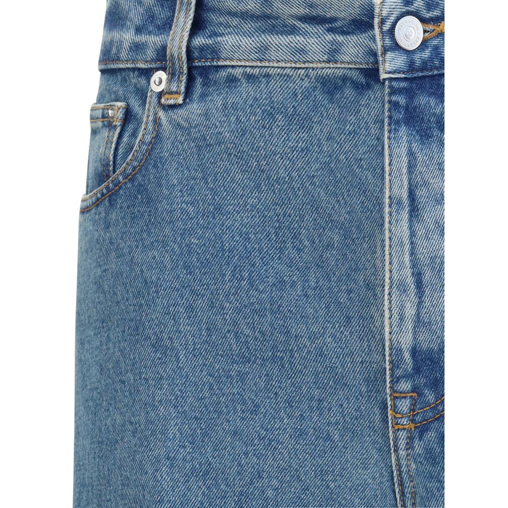 Close-up of Valentino Blue Cotton Straight-Leg Jeans with front button closure and five-pocket design, featuring logoed leather patch detail.