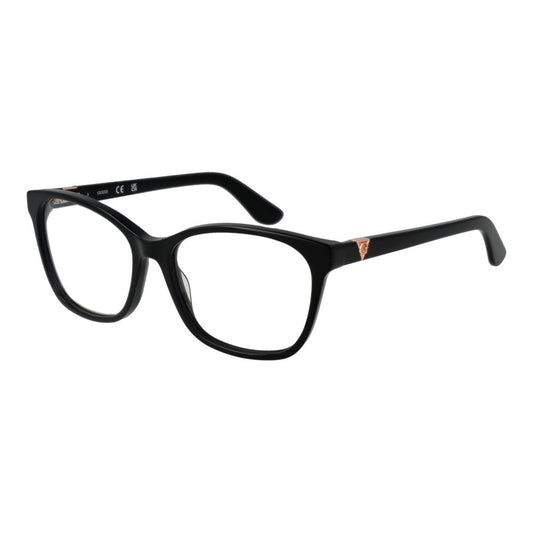 Guess Black Women Glasses Frame in acetate, full-rim, square style with demo lenses; includes branded case, spring hinge; size 53-15-140.
