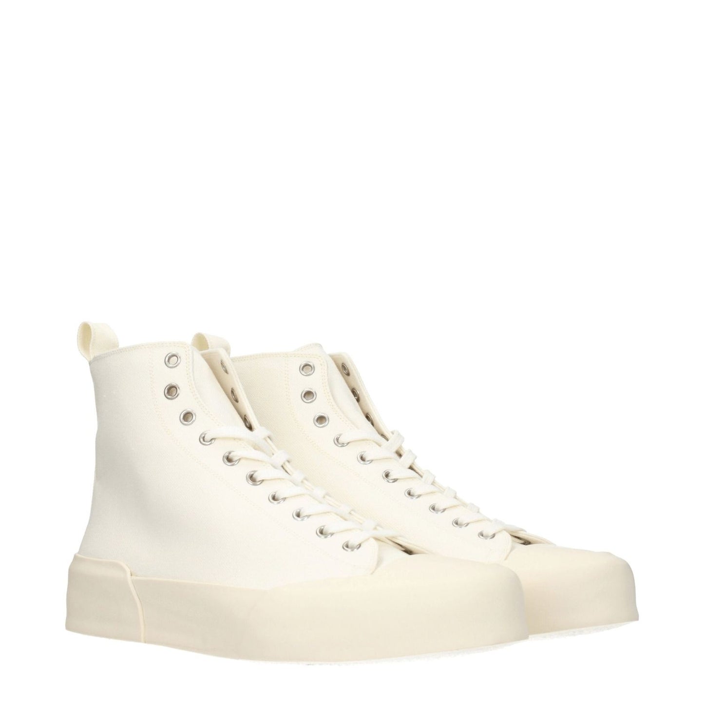 Jil Sander Beige Fabric High Top Sneakers with logo, lace-up closure, round toe, rubber sole, and 3.5 cm mid heel in ivory and beige.