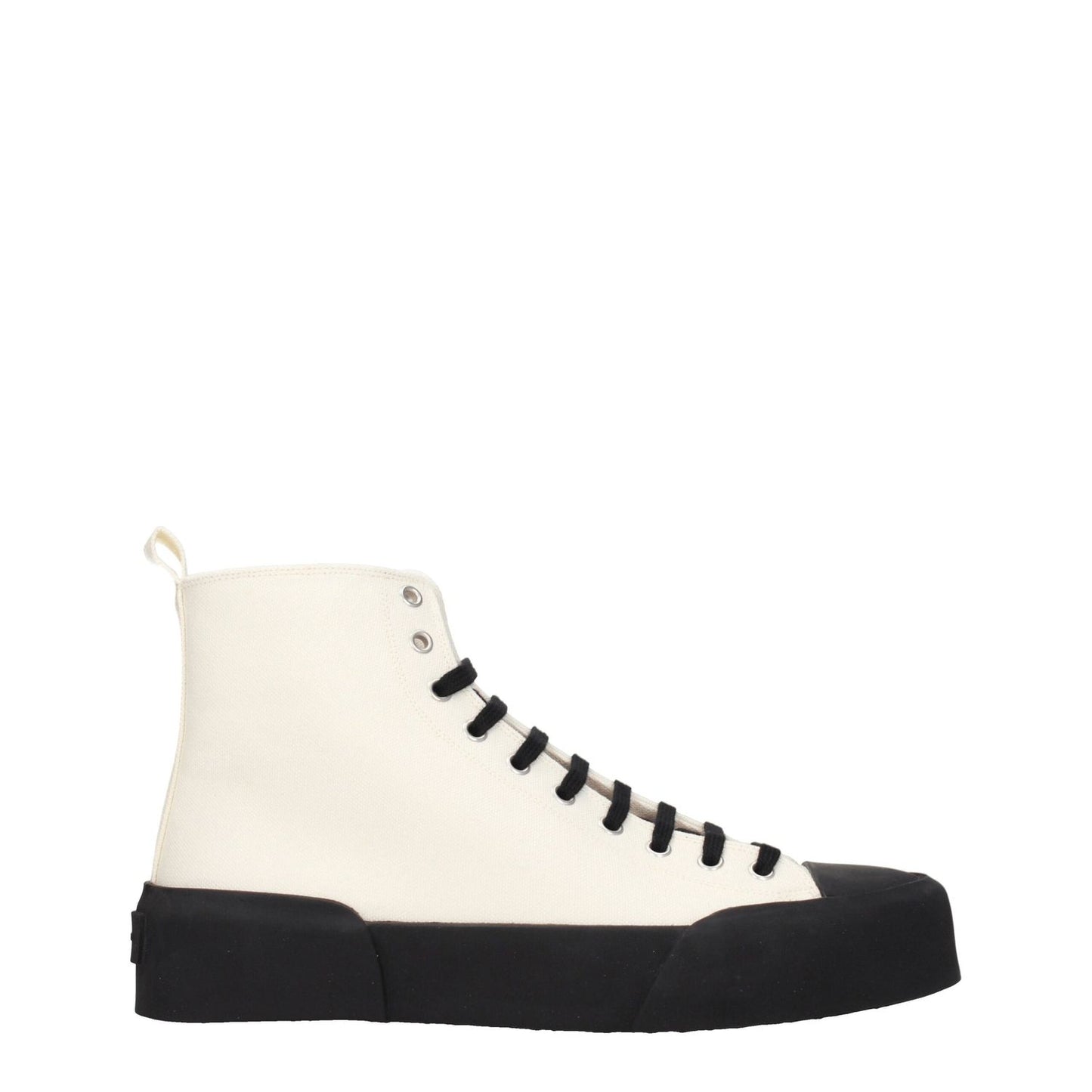 Jil Sander Beige Fabric High Top Sneakers with black rubber sole, lace-up closure, and back logo detail, sporty glam style.