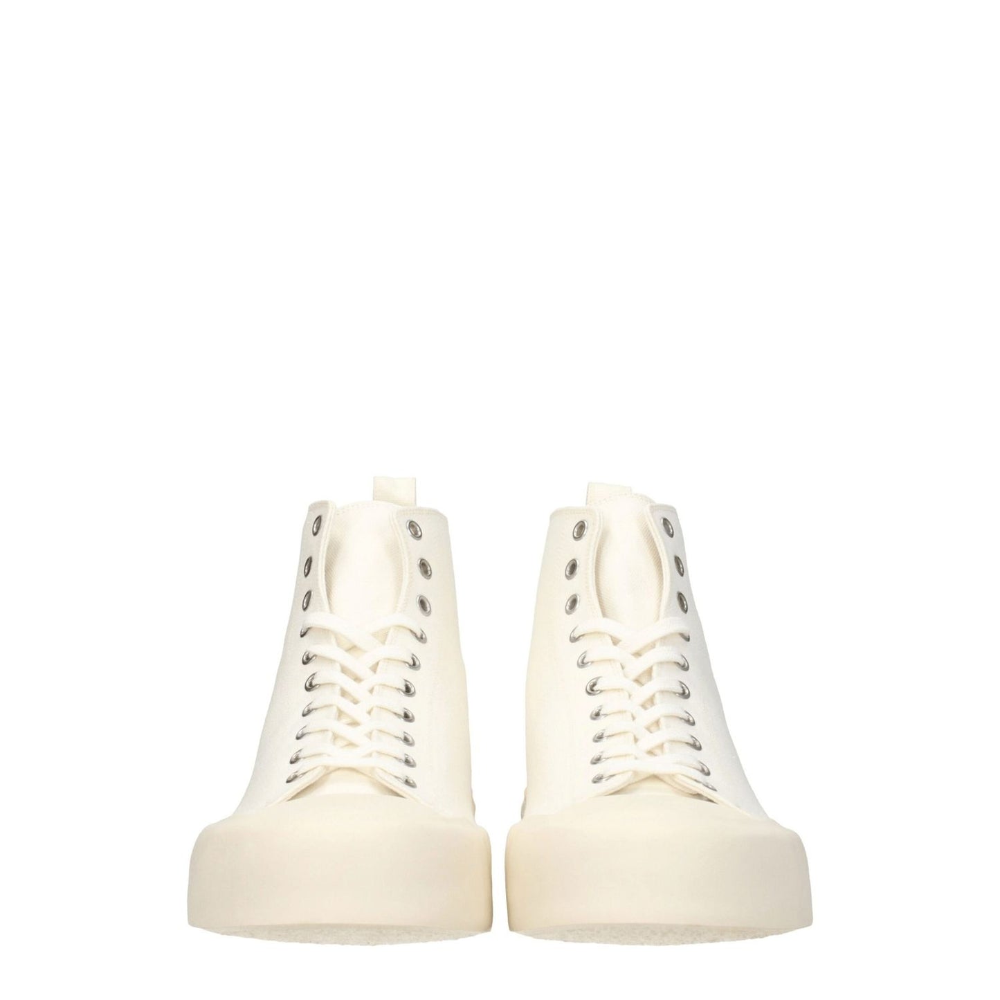 Jil Sander Beige Fabric High Top Sneakers with lace-up closure, rubber sole, and round toe, featuring back logo design.
