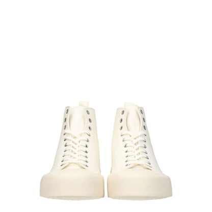 Jil Sander Beige Fabric High Top Sneakers with lace-up closure, rubber sole, and round toe, featuring back logo design.
