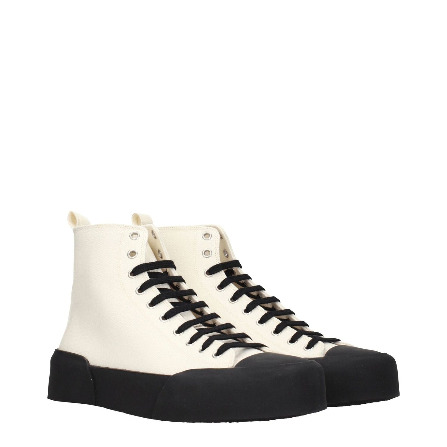 Jil Sander Beige Fabric High Top Sneakers with black soles and lace-up closure, sporty glam style, round toe, mid heel.