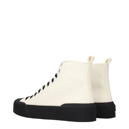 Jil Sander Beige Fabric High Top Sneakers with black sole and lace-up closure, featuring sporty glam style and mid heels.