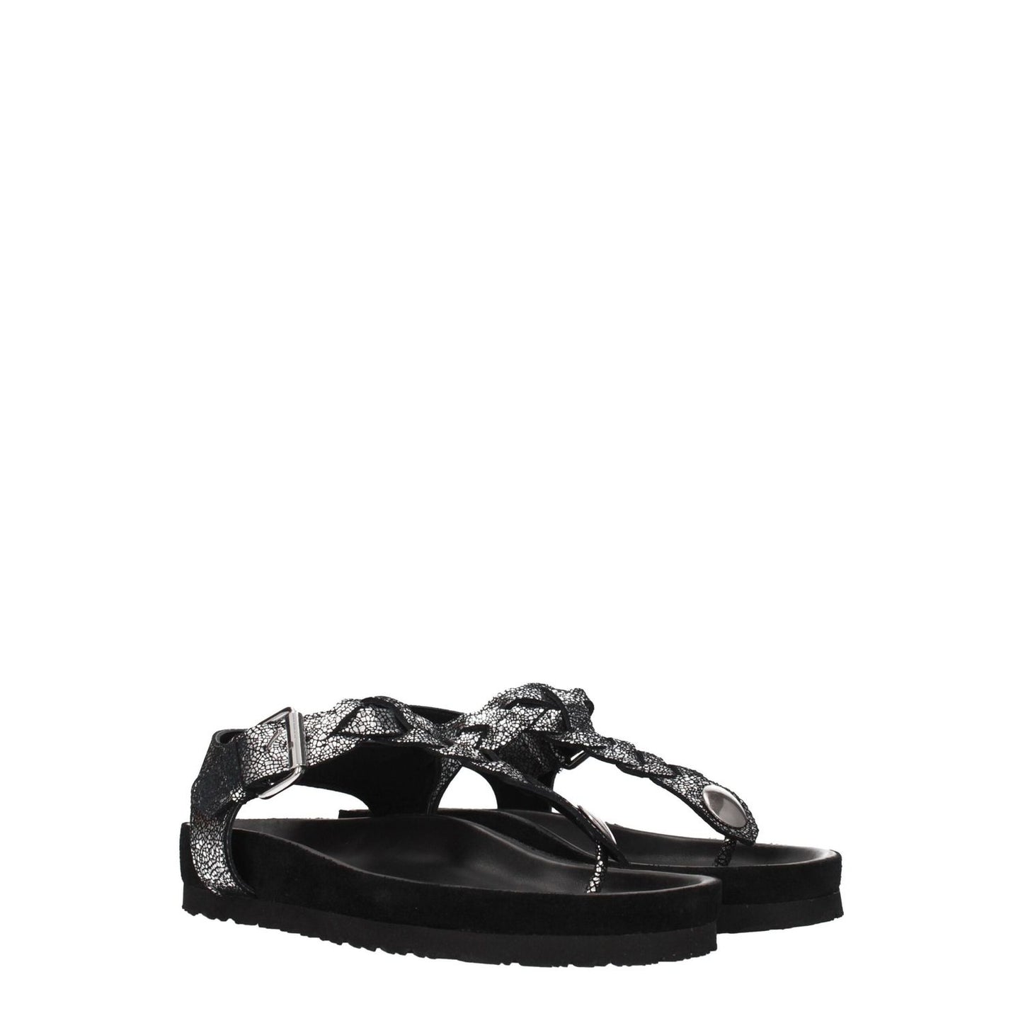 Isabel Marant Black Leather Flip-Flop Sandals with silver details, suede material, open toe, flat heel, and rubber sole.