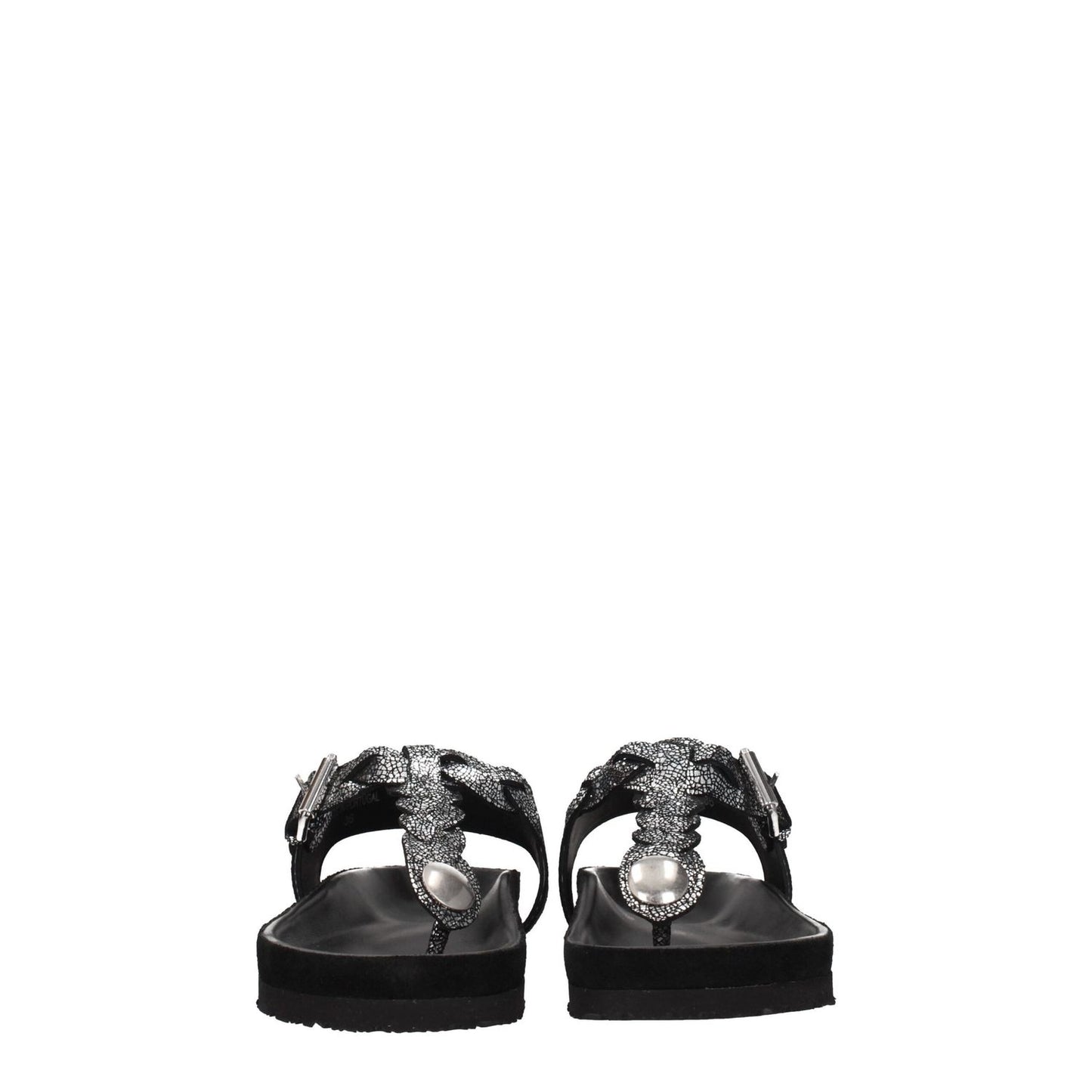Rear view of Isabel Marant Black Leather Flip-Flop Sandals with suede and silver details, open toe design, and low flat heel.