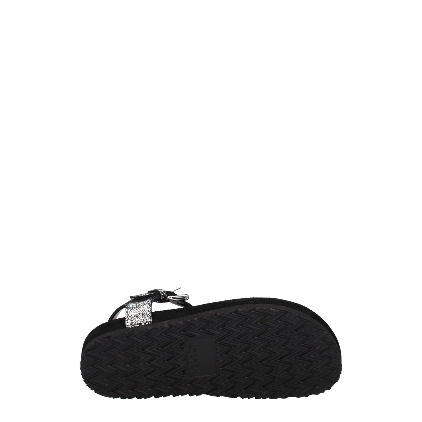 Isabel Marant Black Leather Flip-Flop Sandals with suede upper and rubber sole, featuring a low heel and silver front detail, open toe design.