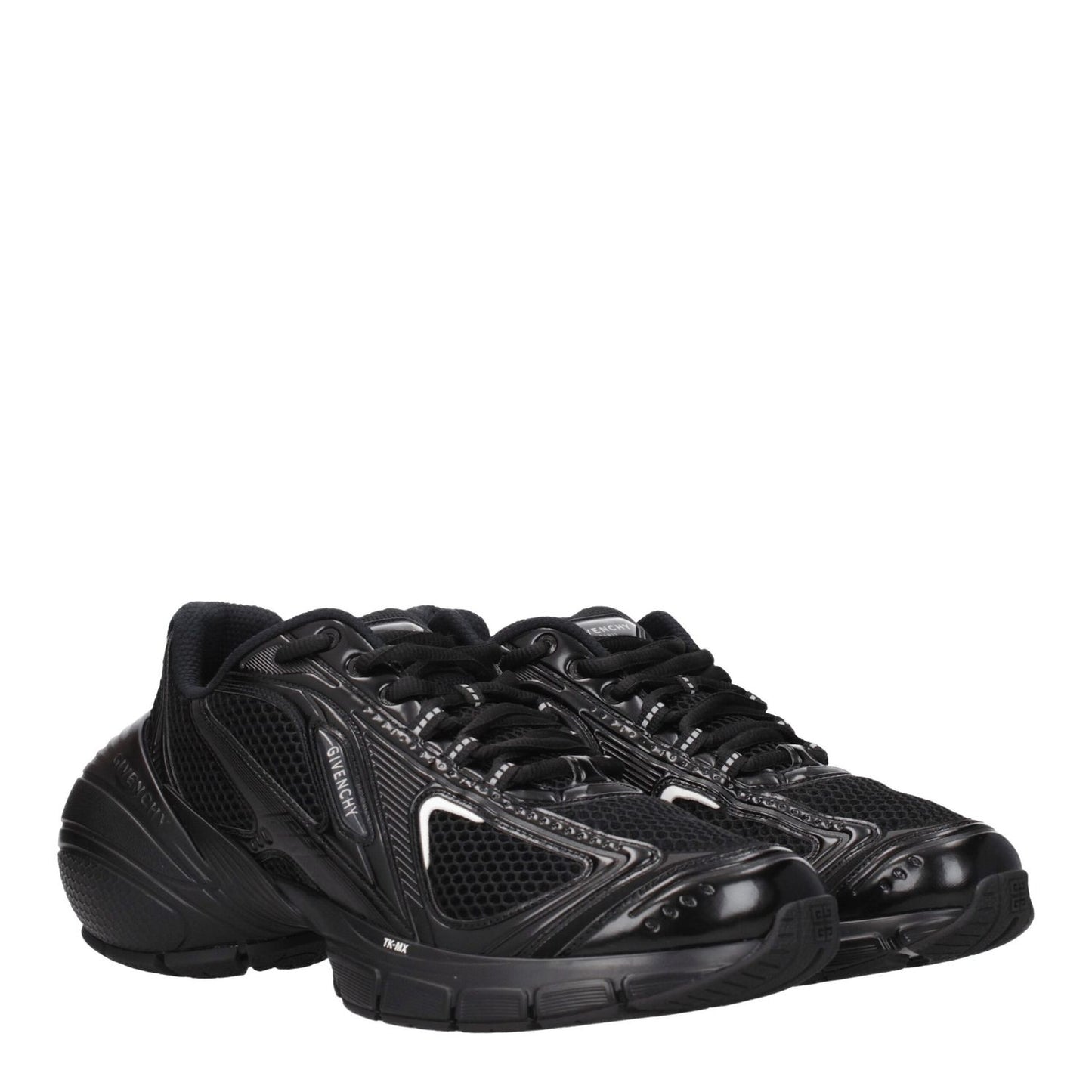 Givenchy Black Fabric Athletic Sneakers with logos, lace-up closure, rubber sole, round toe, and mid heels.