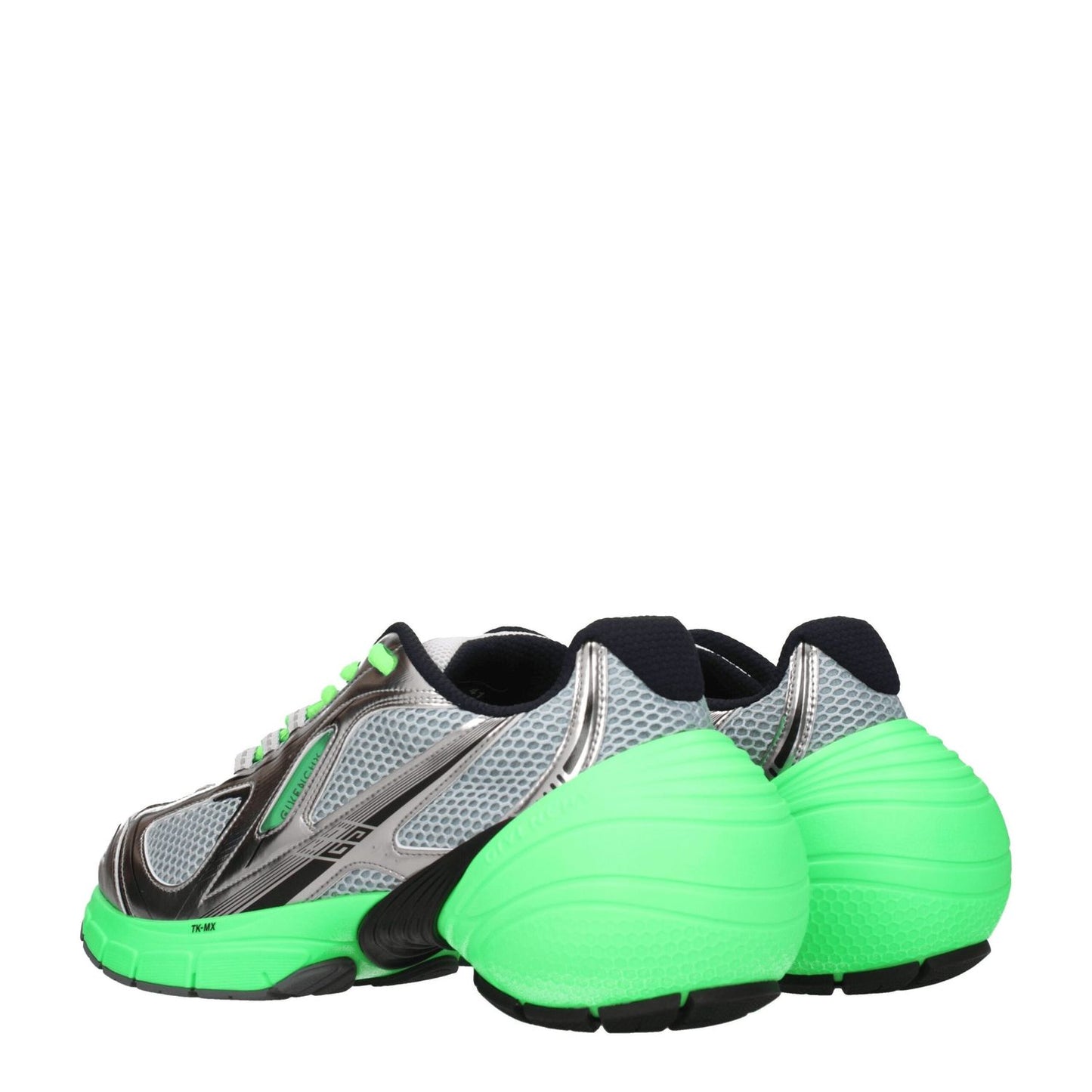 Givenchy Gray Fabric Athletic Sneakers with green accents, silver mesh, lace-up closure, round toe, mid heels, and rubber sole.
